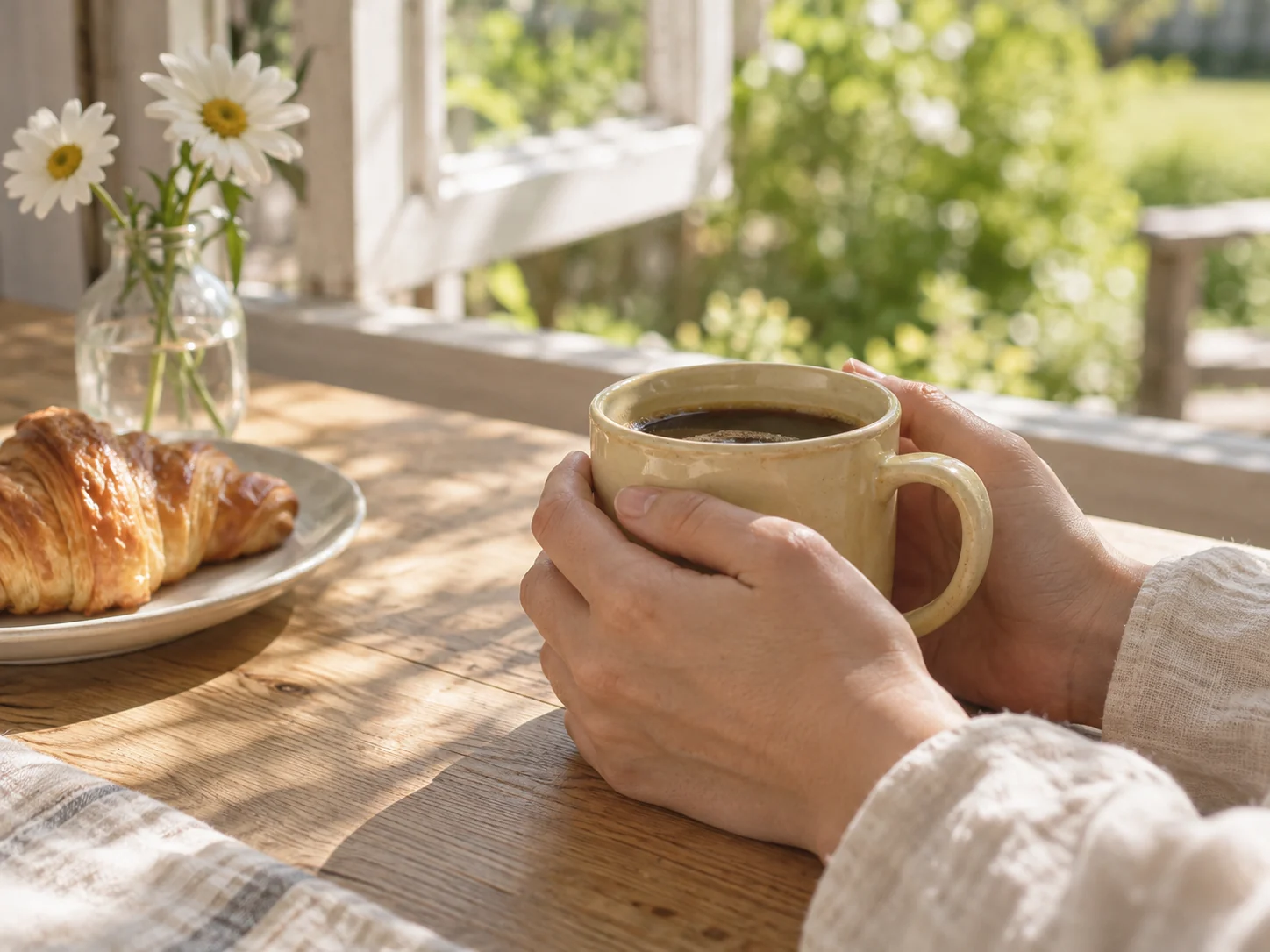 窓辺の光の中、温かいコーヒーを両手で包むひととき